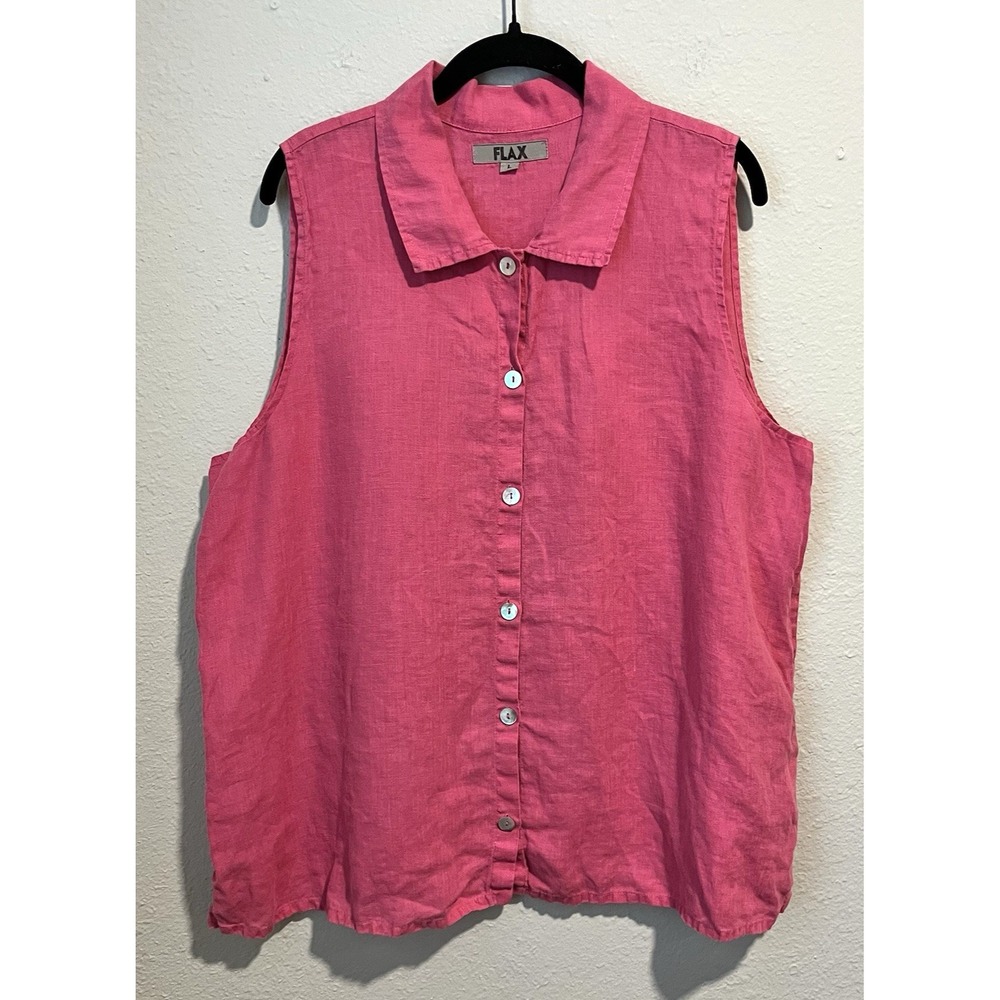 FLAX Women's Sleeveless Top Size Large Pink Collared Button Front 100% Linen